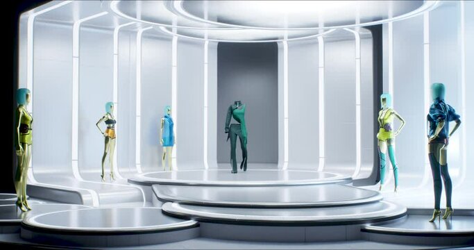 3D Fashion Show: Invisible Virtual Model Walking by the Podum. Fashionable Suit. Meetings in Virtual Space, Artificial World. Concept of Gamification and Realization of NFT Products. 3D Rendering