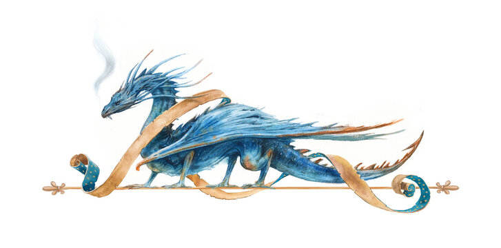 Watercolor illustration of a beautiful medieval dragon in a realistic style.