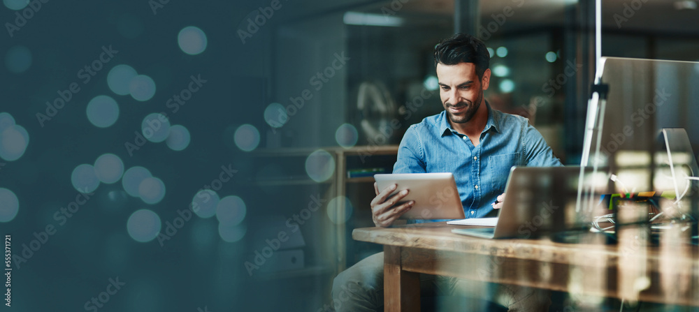 Poster tablet, research and night with a business man work overtime in a dark office for dedication. data, 