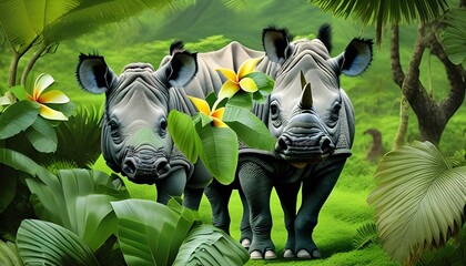 Сute baby Rhinoceros peeking out in hawaii jungle with plumeria flowers. Amazing tropical floral pattern