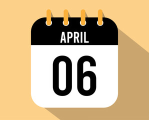 6 April calendar icon. Vector black for the month of April with shadow effect