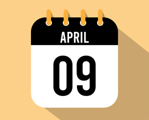 9 April calendar icon. Vector black for the month of April with shadow effect