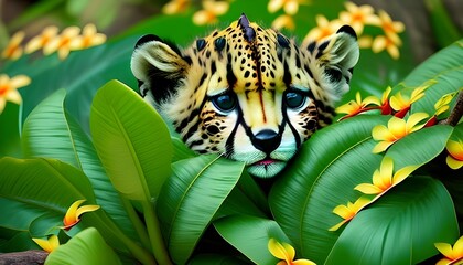 Сute baby Cheetah peeking out in hawaii jungle with plumeria flowers. Amazing tropical floral pattern

