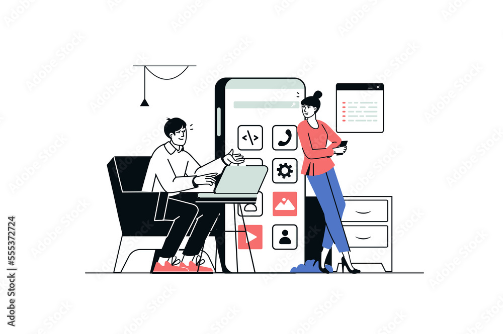 Poster app development concept in flat line design. man and woman create interface of mobile applications, 