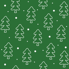 Seamless pattern forest trees in doodle style on green background. Wrapping Christmas texture.