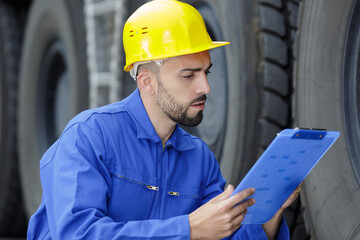young mechanic checking tyres on heavy goods vehicle
