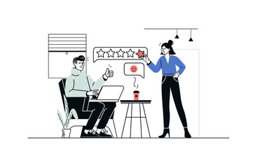 Obraz premium Best feedback concept in flat line design. Man and woman giving consumer feedbacks with stars, leaving comments with good experience and review. Illustration with outline people scene for web