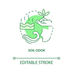 Soil odor green concept icon. Smells sweet and earthy. Healthy ground indicator abstract idea thin line illustration. Isolated outline drawing. Editable stroke. Arial, Myriad Pro-Bold fonts used