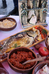 Christmas food on the table decorating with a white tablecloth