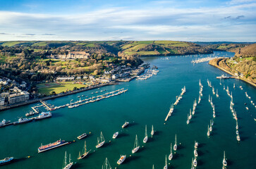 River Dart and Dartmouth from a drone, Darthaven Marina and Waterhead Creek, Kingswear, Devon, England