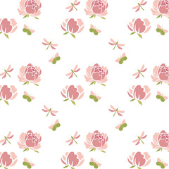 delicate pink peonies with green leaves. seamless botanical pattern.