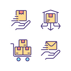 Shipping service pixel perfect RGB color icons set. Delivery and distribution of goods. Send parcel, letter. Isolated vector illustrations. Simple filled line drawings collection. Editable stroke