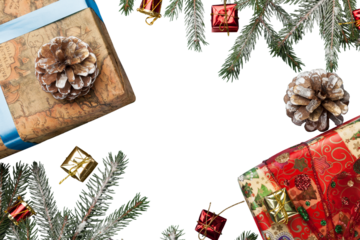 New Year and Christmas decorations, gift box with trees branches