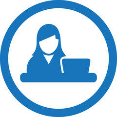 Office employee on workplace online icon, remote job icon blue vector