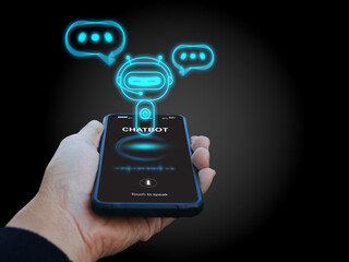 Digital chatbot, conversational agents, robot application, conversation assistant that mimic human speech. Hand holding smartphone with digital AI chatterbot on virtual screen for online information. - obrazy, fototapety, plakaty