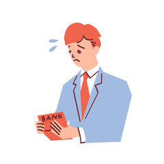 通帳を見ながら焦るサラリーマンのイラスト