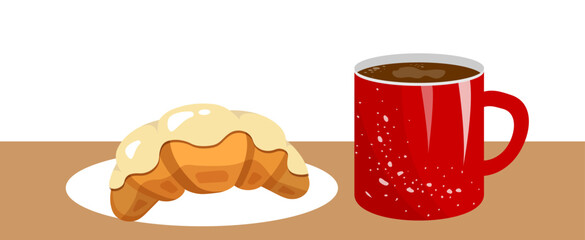 cup of coffee   with croissant. Bakery shop. Croissant. Fresh baking, for menu, cafe, bakery, logo, color and black and white illustration. 