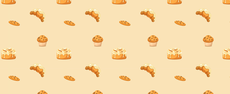seamless pattern with Croissant and pastry vector set illustration in graphic style. Bakery shop. Croissant. Fresh baking, for menu, cafe, bakery, logo, color and black and white illustration. 