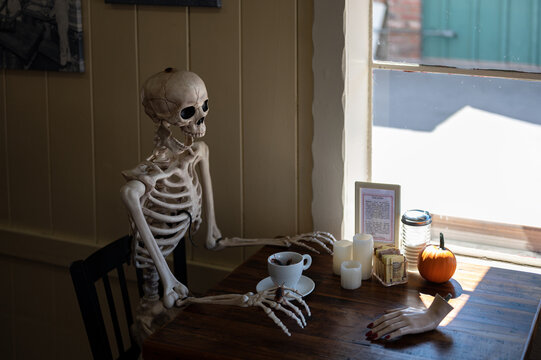 Halloween decoration, a skeleton is drinking a coffee with a cup full of disgusting cockroaches