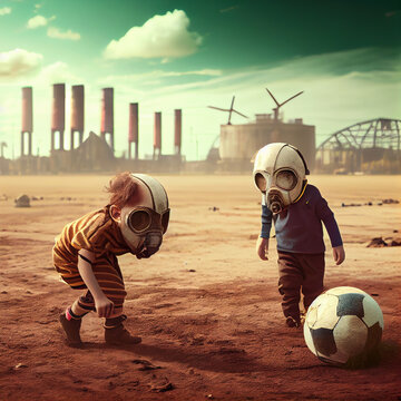 Post-apocalyptic image of children playing in gas masks against the backdrop of factories and factories polluting the environment. Generative AI