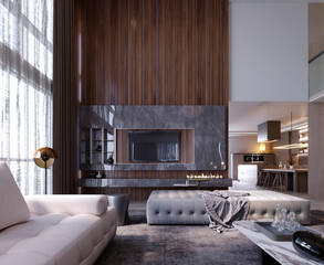 3d rendering,3d illustration, Interior Scene and  Mockup,living room interior modern,large sofa set,Black and white color tone.