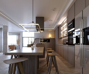 3d rendering,3d illustration, Interior Scene and  Mockup,kitchen and dining corner,dark wood kitchen.