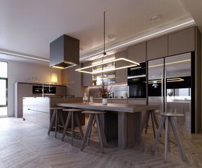 3d rendering,3d illustration, Interior Scene and  Mockup,kitchen and dining corner,dark wood kitchen.