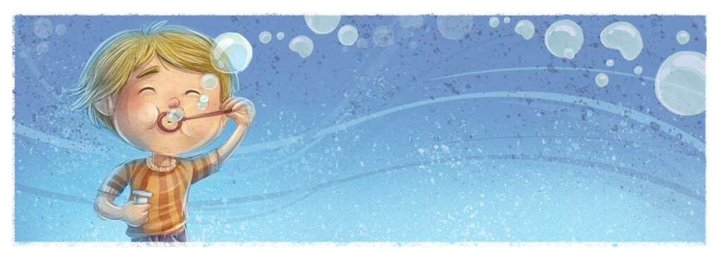 ilustración de niño soplando burbujas de jabon