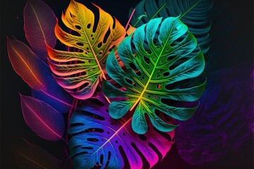 Multicolored tropical leaves backlight neon. Abstract background with palm and tropical leaves, neon. AI