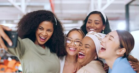 Phone, women or friends in a work selfie for fun social media content or team building in an office. Diversity, smile or team of happy coworkers or employees taking pictures or bonding on lunch break