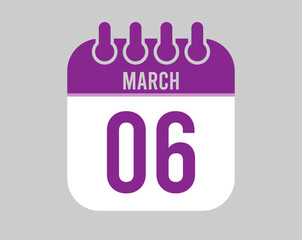 6 March calendar vector. Icon for March days in purple calendar