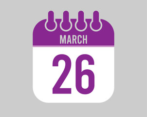 26 March calendar vector. Icon for March days in purple calendar