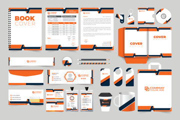 Business promotion template bundle with dark and orange colors. Modern business brand advertisement layout design for marketing. Corporate brand identity template design for office stationery.