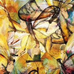 Ilustracja grafika abstrakcja kompozycja motyli i twarzy kobiety w żywych kontrastowych kolorach.