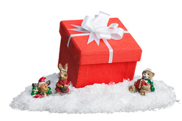 Red christmas gift box on white snow