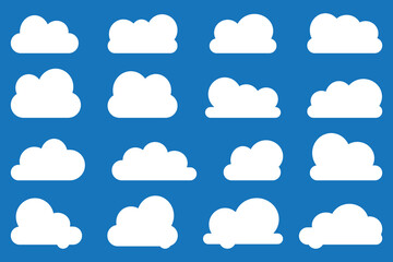 Flat cloud shape vector icon set on blue background.