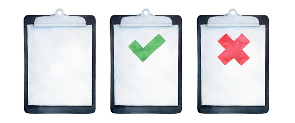 Watercolour illustration collection of clipboard icons set: with green tick symbol, with red cross sign and blank one with copy space. Hand painted water color, isolated clip art elements for design.