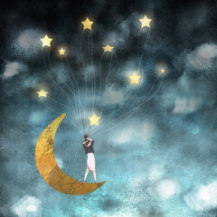 Ilustracja gwiezdne niebo i księżyc z postacią młodej kobiety z włosami unoszonymi przez gwiazdy. © Monika