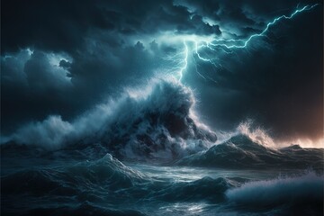 Night sea dramatic landscape with a storm. Night storm on the ocean. Gloomy giant waves and lightning. Dark cloudy sky above the water. AI - obrazy, fototapety, plakaty