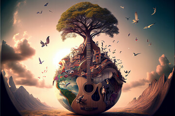 Music planet. Planet earth and musical instruments. Harmony concept. - obrazy, fototapety, plakaty