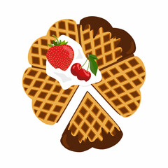 Belgian waffles in shape of heart with strawberries, cherries, cream and chocolate. Isolated on white background. Berries. Dessert. Valentines day celebration lunch.