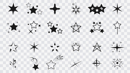 Star icon set on transparent background. Сollection of original vector stars, icons. Bright firework, decoration twinkle, shiny flash. Glowing light effect stars and bursts collection. Vector