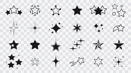 Star icon set on transparent background. Сollection of original vector stars, icons. Bright firework, decoration twinkle, shiny flash. Glowing light effect stars and bursts collection. Vector