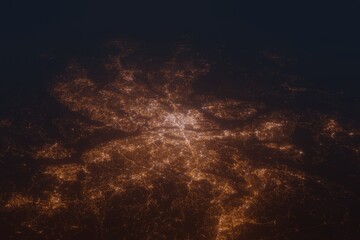 Aerial shot of Stockholm (Sweden) at night, view from south. Imitation of satellite view on modern city with street lights and glow effect. 3d render