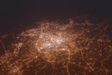 Aerial shot of Tashkent (Uzbekistan) at night, view from south. Imitation of satellite view on modern city with street lights and glow effect. 3d render