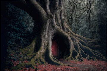 Fairy tree house with old red door in fantasy dark forest. Generative ai illustration