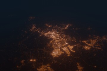 Aerial shot on Brasilia (Brazil) at night, view from west. Imitation of satellite view on modern city with street lights and glow effect. 3d render