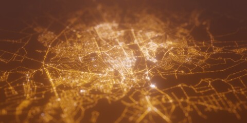 Street lights map of Brest (Belarus) with tilt-shift effect, view from west. Imitation of macro shot with blurred background. 3d render, selective focus