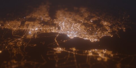 Street lights map of Porto Alegre (Brazil) with tilt-shift effect, view from west. Imitation of macro shot with blurred background. 3d render, selective focus