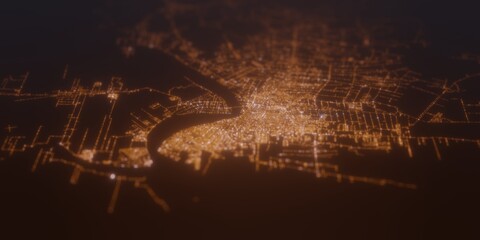 Street lights map of Paramaribo (Suriname) with tilt-shift effect, view from north. Imitation of macro shot with blurred background. 3d render, selective focus